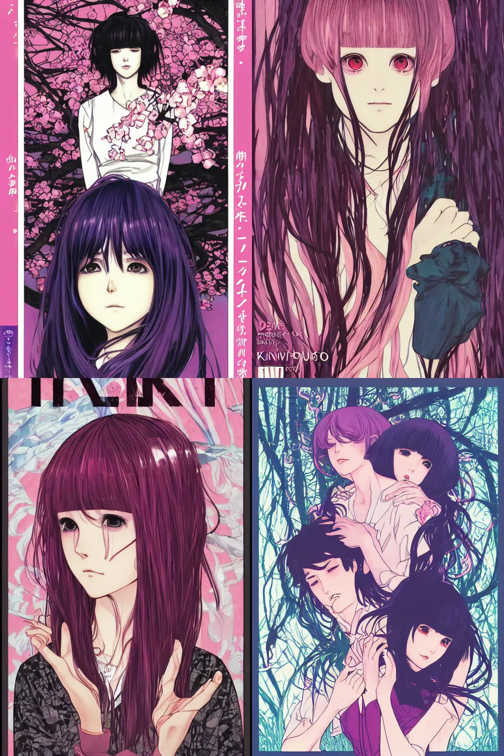 Prompt: professionally drawn shoujo mature horror mystery romance manga comic cover, beautifully drawn museum piece coherent professional, drawn by ilya kuvshinov, gustav klimt, alphonse mucha and tsutomu nihei. japanese script kanji hiragana on the cover. simplistic minimalist stylized cover art. pink & purple & blue full color.