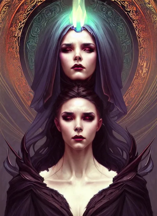 Image similar to a beautiful cinematic Necromancer Sorceress goddess of death, fantasy magic, undercut hairstyle, dark light night, intricate, elegant, sharp focus, illustration, highly detailed, digital painting, concept art, matte, art by WLOP and Artgerm and Greg Rutkowski and Alphonse Mucha, masterpiece