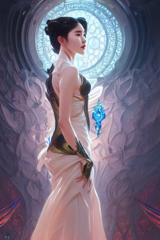 Prompt: IU Lee Ji-eun as a super villain, sexy, fantasy, intricate, elegant, highly detailed, digital painting, artstation, concept art, matte, sharp focus, illustration, art by Artgerm and Greg Rutkowski and Alphonse Mucha, masterpiece, Refined, upscaled