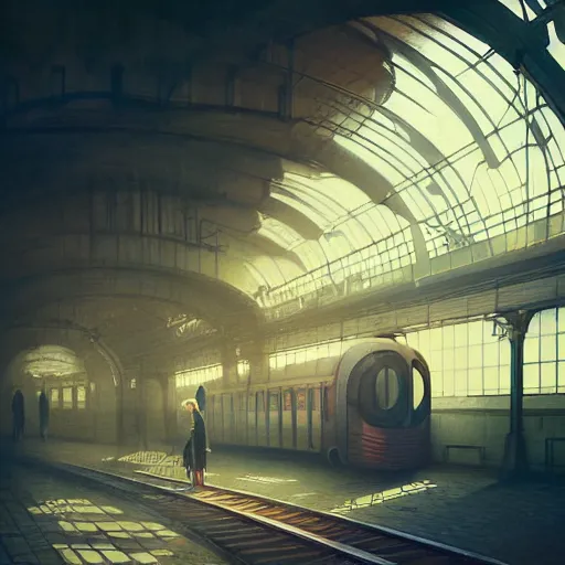 Prompt: retro futuristic vintage train station, atmospheric lighting, painted, intricate, volumetric lighting, beautiful, daytime, sunny weather, slight overcast, sharp focus, deep colours, ultra detailed, by leesha hannigan, ross tran, thierry doizon, kai carpenter, ignacio fernandez rios