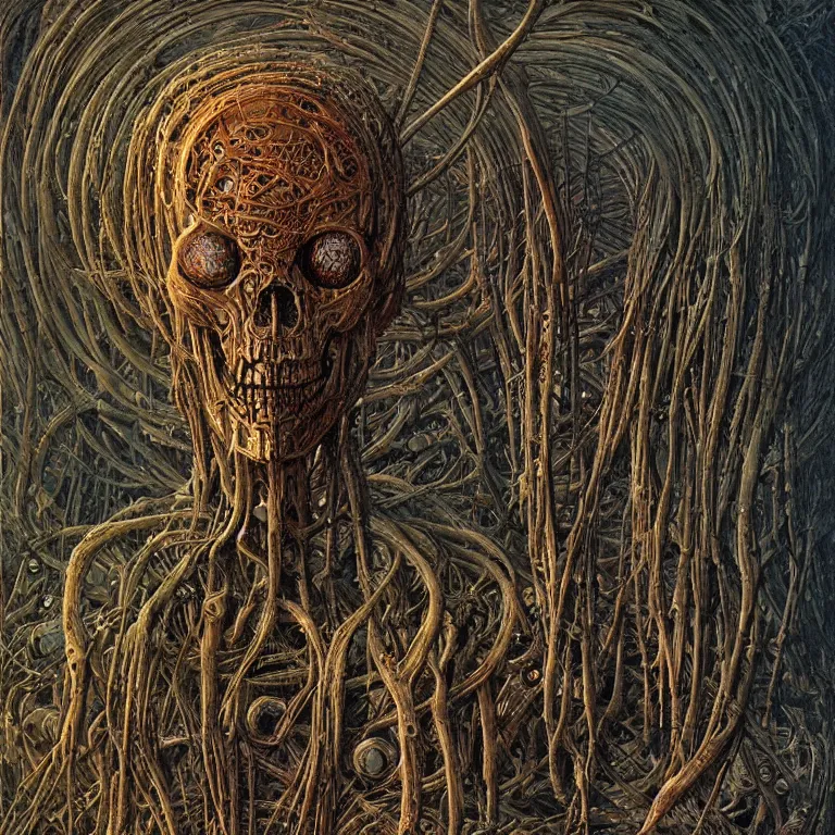 Prompt: organic cyborg alien skeleton alien centipede planet face style of peter gric zdzislaw beksinski surrealism poster art