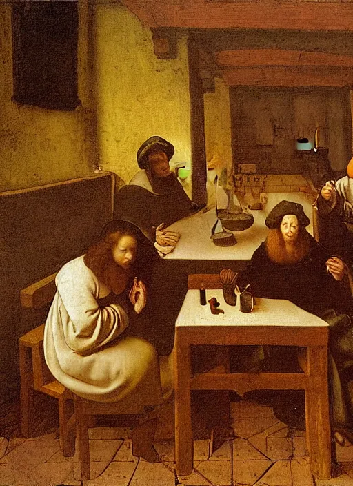 Image similar to a candlelit table at the inn, evening, dark room, two young people sitting at the table, swirling smoke, dark smoke, realistic, in the style of leonardo da vinci, dutch golden age, amsterdam, medieval painting by jan van eyck, johannes vermeer, florence