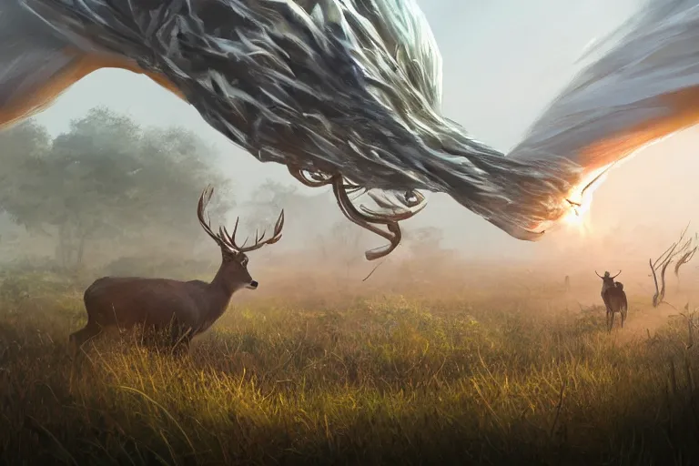 Image similar to nature being invaded by huge smoking war machines which emit a reg light, deer running away, flocks of birds flying, made by stanley artgerm lau, wlop, rossdraws, artstation, cgsociety, concept art, cgsociety, octane render, trending on artstation, artstationhd, artstationhq, unreal engine, 4 k, 8 k,