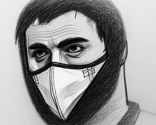 Prompt: draft drawing of a european man covering face with mask, felt - tip pen sketch, thin stroke, trending on artstation, context art, pencil sketch, high detail