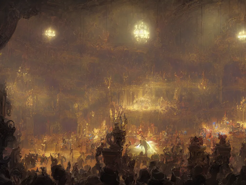 Prompt: interior of a circus in the baroque era, hearthstone art style, epic fantasy style art by Craig Mullins, fantasy epic digital art, epic fantasy card game art by Greg Rutkowski