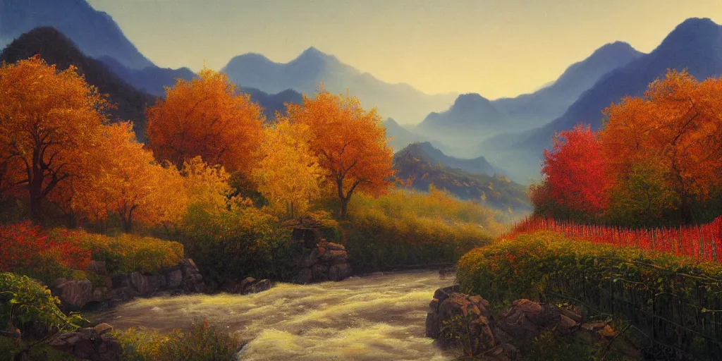 Prompt: painting of a FANTASY winery in BEIJING autumn, with a river winding through them. In the distance, there are mountains. by bob ross, Albert Bierstadt, oil on canvas, real photo taken with Polaroid camera, immaculate scale, hyper-realistic, trending on Artstation, 8k, detailed, atmospheric, immaculate