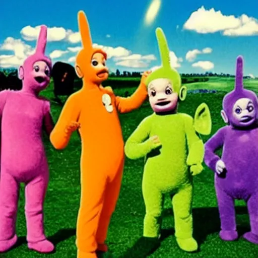 Prompt: teletubbies from the tv shaking hand with the slender man, as seen on tv