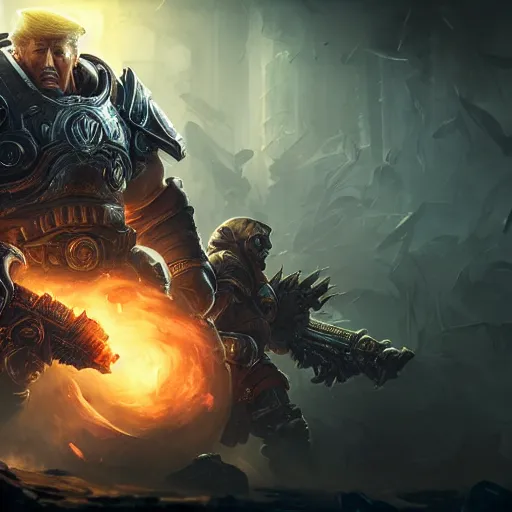 Image similar to Portrait of Trump, League of Legends amazing splashscreen artwork, Gears of War, splash art,natural light, elegant, intricate, fantasy, detailed face, atmospheric lighting, by Greg rutkowski, league of legends splash art, hd wallpaper, ultra high details