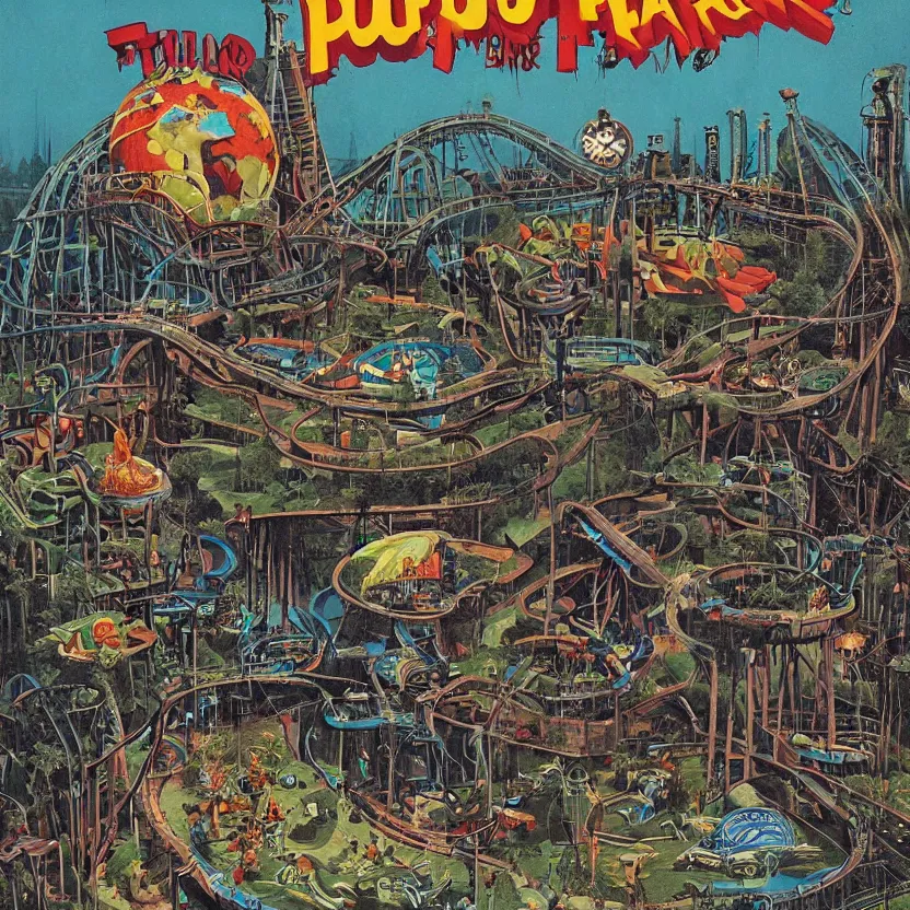 Prompt: a theme park by tim jacobus, pulp horror art.