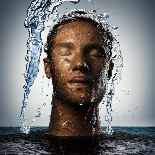 Image similar to spilling water creating a human head out sculpture of water, on the ocean water, ray tracing, realistic water sharp focus, long shot, 8 k resolution, cinematic, amazing water art