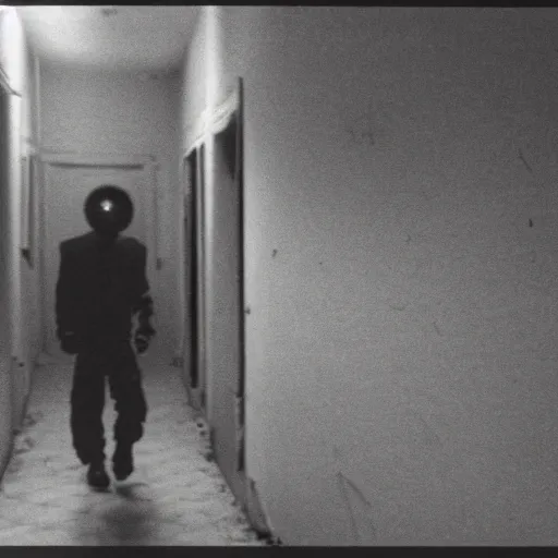 Image similar to 1 9 9 0 s security cam found footage of an abandoned soviet town with a male humanoid shadow monster, liminal space, backrooms, scp, film grain, rundown, eerie, dark lighting, 3 5 mm, realistic, photograph