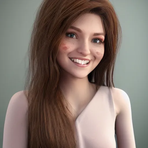 Image similar to Photograph of April, a cute 3D young woman, long shiny bronze brown hair, full round face, green eyes, medium skin tone, light cute freckles, light blush, smiling softly, wearing casual clothing, interior lighting, cozy living room background, medium shot, mid-shot, hyperdetailed, hyperreal, trending on Artstation, Unreal Engine 4k