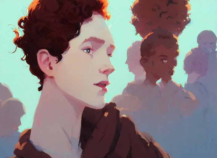 Image similar to portrait woman with short ginger curly hair in the crowd, by atey ghailan, by greg rutkowski, by greg tocchini, by james gilleard, by joe fenton, by kaethe butcher, by ashley wood, dynamic lighting, gradient light blue, brown, blonde cream and white color scheme, grunge aesthetic