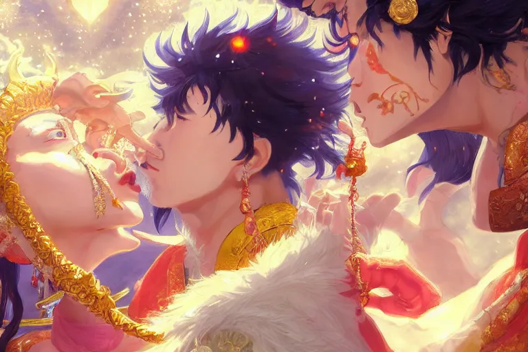 Image similar to close up moment of a divine a japan sun god and a moon goddess lovers magician at a wedding banquet, highly detailed, d & d, fantasy, 4 k realistic, digital painting, trending on artstation, concept art, sharp focus, illustration, art by makoto shinkai and akihiko yoshida and daniel gerhartz