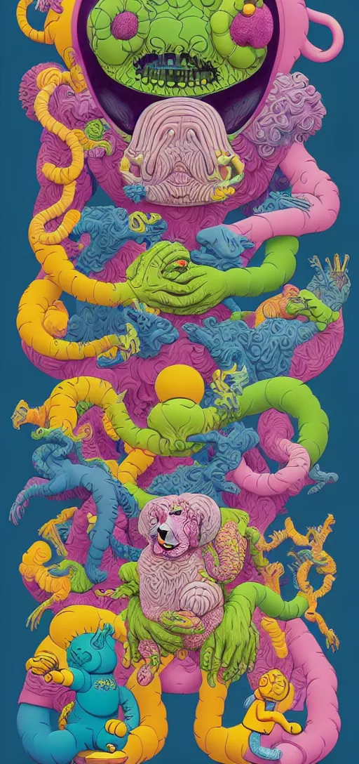 Image similar to creature portraits in the style of kaws, victo ngai, lisa frank, francis goya, basil wolverton, roy litchenstein, mc escher style