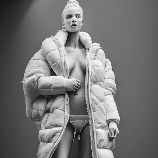 Image similar to well lit fashion shoot portrait of extremely beautiful female marble statue wearing huge over size puffer jacket by dingyun zhang, yeezy, balenciaga, vetements, a cold wall, sharp focus, clear, detailed,, cinematic, detailed, off white, glamourous, symmetrical, vogue, editorial, fashion, magazine shoot, glossy