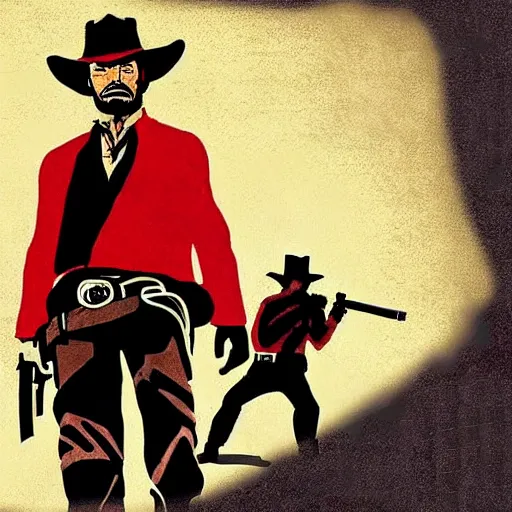 Prompt: a cowboy in the style of red dead redemption, lucky luke, the good, the bad and the ugly, clint eastwood, steven seagal, donald trump, glory days, patriotism