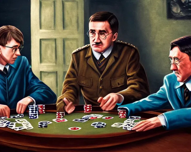 Image similar to daniel raddclife as harry potter and adolf hitler playing poker together, highly detailed, sharp focus, 8 k