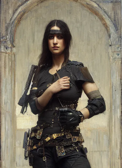 Prompt: Maria. beautiful cyberpunk mercenary wearing military vest. Iranian orientalist portrait by john william waterhouse and Edwin Longsden Long and Theodore Ralli and Nasreddine Dinet, oil on canvas. Cinematic, hyper realism, dramatic lighting, high detail 4k