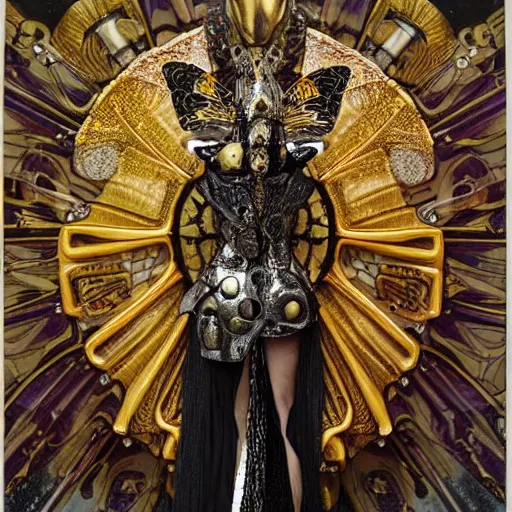 Image similar to haute couture scale armour sf paladin editorial by klimt, biomechanical hornet with metal couture wings by malczewski, ornate wh 4 0 k chaos lord in gold, bismuth and obsidian by giger, on bloody cosmic battleground by alphonse mucha