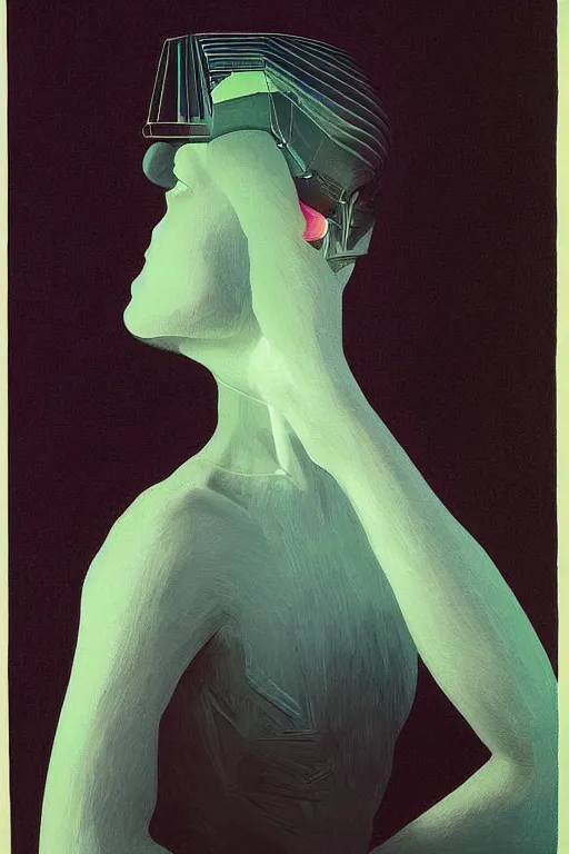 Image similar to woman wearing oculus and digital glitch head edward hopper and james gilleard, zdzislaw beksisnski, higly detailed