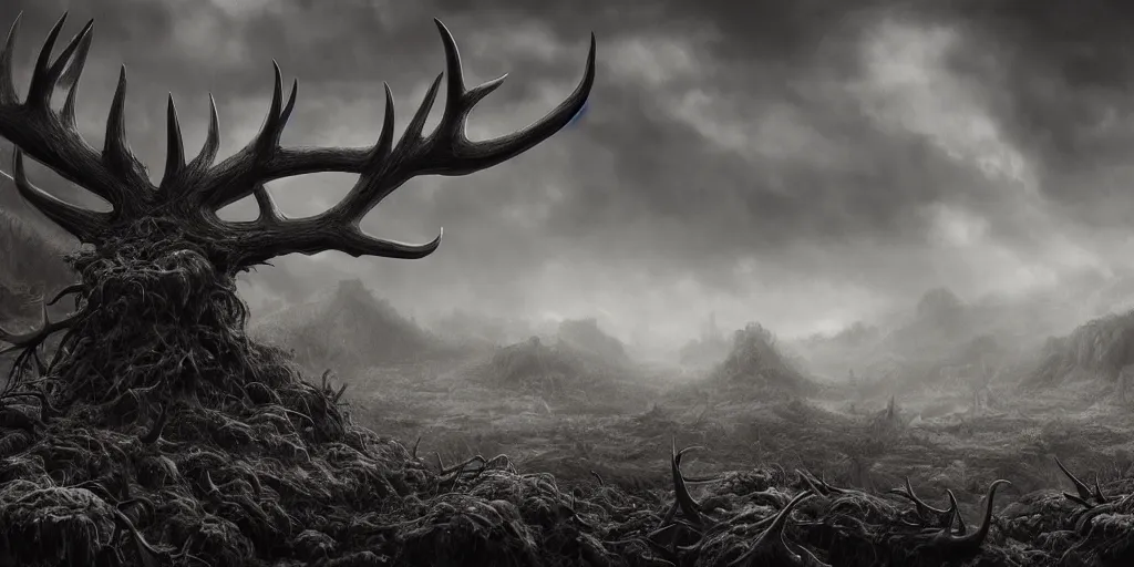 Prompt: a highly detailed matte painting of nightmare landscape of thorns and antlers made of stone under a gloomy stormy sky, grayscale, featured on artstation