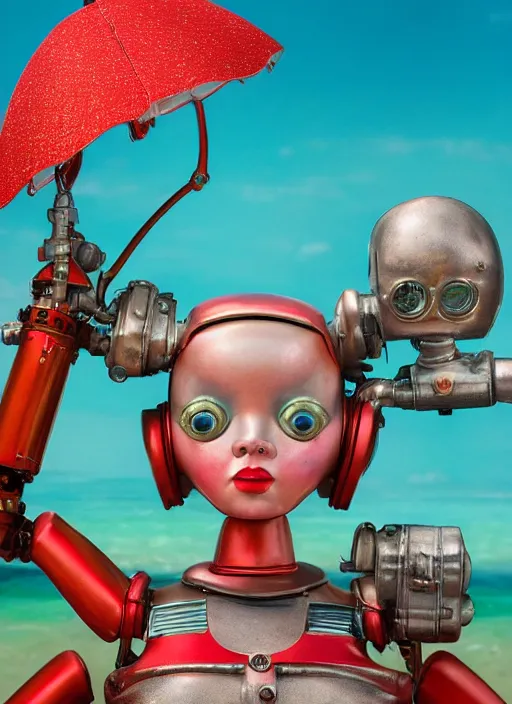 Image similar to highly detailed closeup, face profile portrait of a retro 1 9 5 0 s tin toy girl robot deep sea diver wearing a bikini, unreal engine, nicoletta ceccoli, mark ryden, earl norem, lostfish, global illumination, detailed and intricate environment