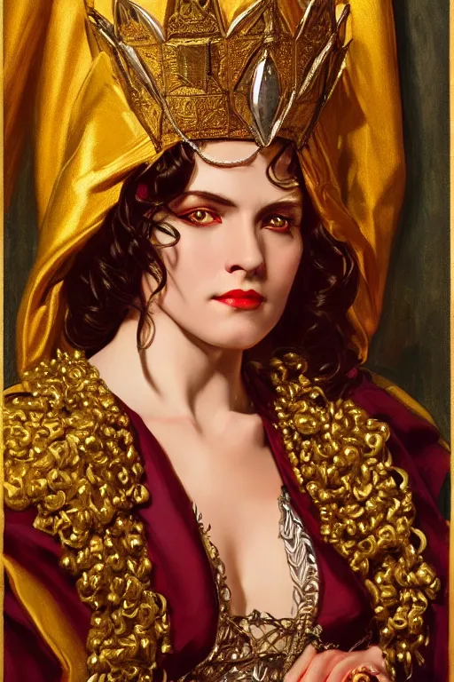 Image similar to Portrait of historically accurate, ancient biblical, sultry, sneering, evil, pagan, wicked, queen jezebel, wearing gilded robes, long hair, intricate, elegant, highly detailed, masterpiece, illustration, art by J C Leyendecker, highly detailed, trending on artstation, award winning