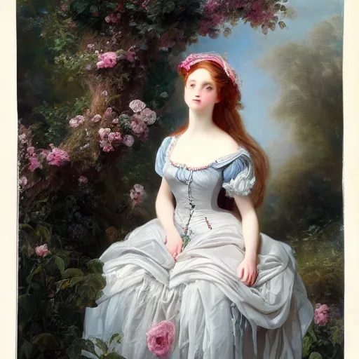 Prompt: Alice in Wonderland,a portrait of a beautiful Silver hair girl,Diamonds Blaze,Rose twining,luxuriant,dreamy, eternity, romantic,highly detailed,in the style of Franz Xaver Winterhalter, highly detailed,in the style of Aetherpunk