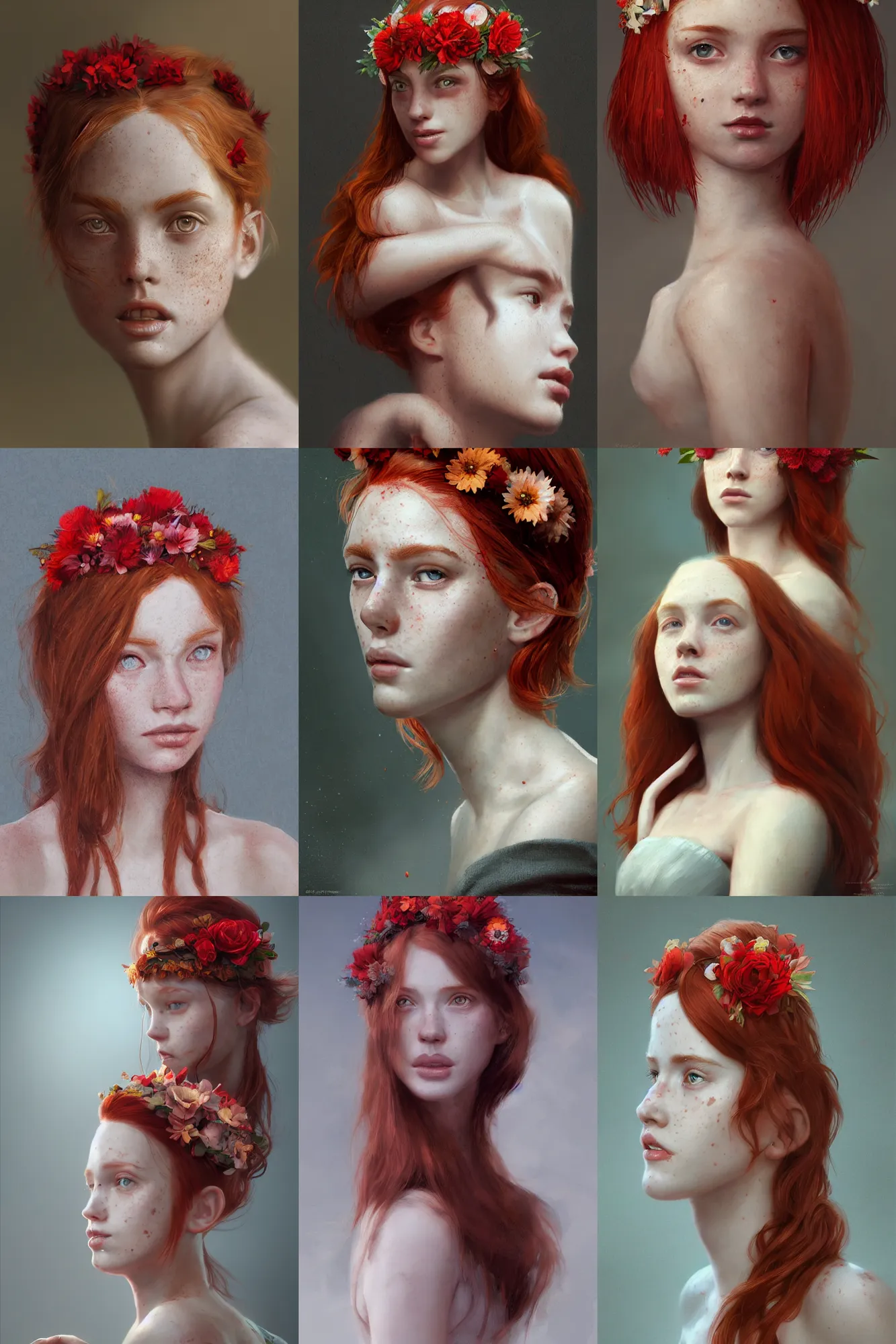 Image similar to A portrait of a beautiful red haired girl with freckles, wearing a flower headpiece, porcelain skin, cinematic lighting, photo realistic, highly detailed, maya, digital painting, artstation, concept art, sharp focus, illustration, by greg rutkowski