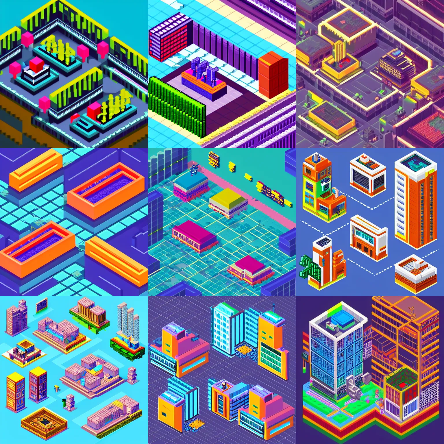 Prompt: isometric pixel art cyberpunk city, with colors #40318e and #88d7de