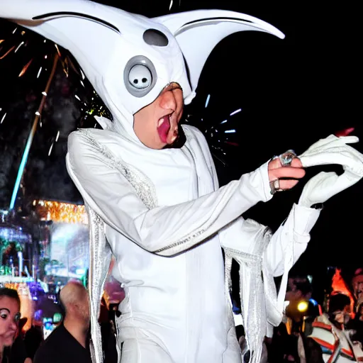 Image similar to a singer wearing white alien costume, holding an intricate futuristic wand, new years eve