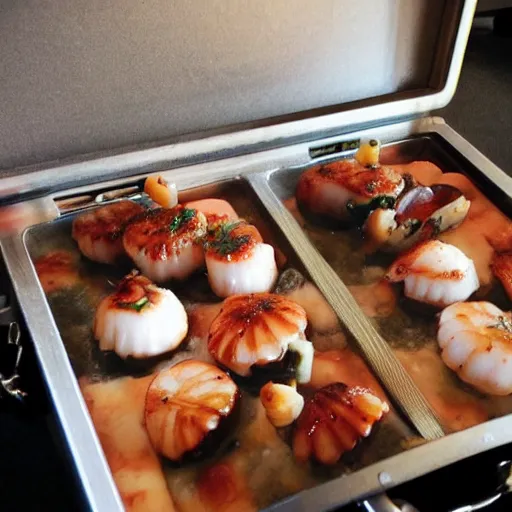 Prompt: briefcase filled with scallops
