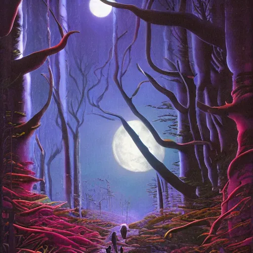 Image similar to moonlight forest in the silver serenade connects to the laced transmission symphony of the celestial psylocibin by ron walotsky and paul lehr