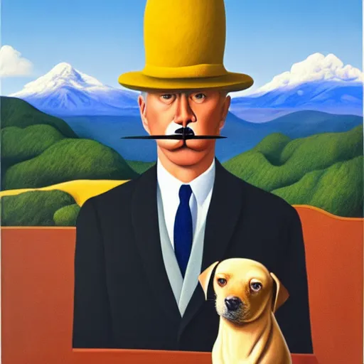 Image similar to a rene magritte painting of a dog wearing a hat, mountains in the background, award winning painting, detailed, surreal, symmetrical, clean, smooth, aesthetic