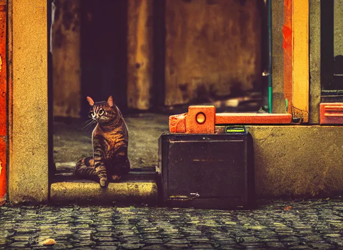 Image similar to photography of a Cat sitting on a box. in a cyberpunk street, award winning photo, saturated, colored, colors, 100mm, sharp, high res