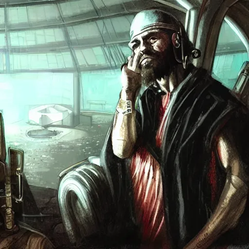 Image similar to Xerxes the Beggar priest with cyberpunk headset in a busy spaceport on Poseidon 5 colony. Gritty Concept art by James Gurney.