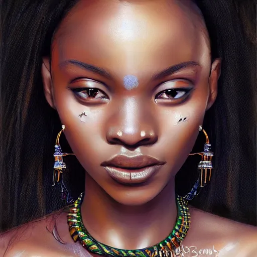 Image similar to A masterpiece portrait of a Incredibly beautiful African girl albino model with nose ring. With big bright rich African jewelry. In African royal gorgeous clothes. Vogue. trending on artstation, digital art, by Stanley Artgerm Lau, WLOP, Rossdraws, James Jean, Andrei Riabovitchev, Marc Simonetti, Yoshitaka Amano