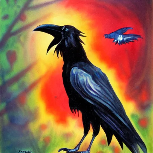 Image similar to fantasy painting of a raven by dr seuss | horror themed | creepy