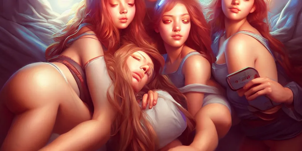 Prompt: three beautiful college girls in a bed rolling on ecstasy covered in sweat and dilated pupils, highly detailed, digital painting, artstation, concept art, matte, sharp focus, illustration, art by artgerm and ross tran and thomas kincade