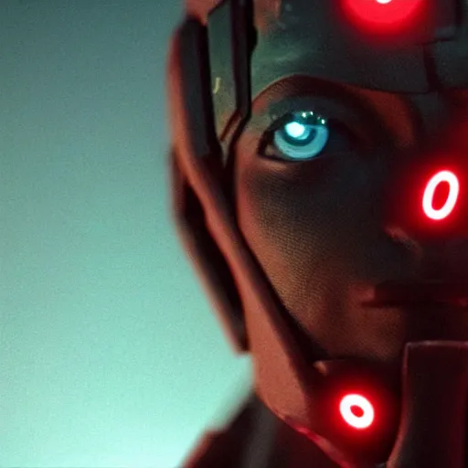 Image similar to movie still of cyborg with glowing third eye, cinematic composition, cinematic light, criterion collection, by george lucas