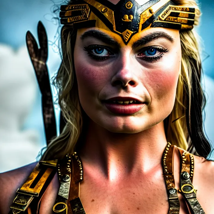 Prompt: full length portrait photograph of a margot robbie as an amazon warrior, Extremely detailed. 8k