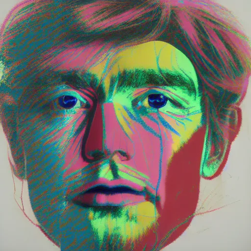 Prompt: portrait of abstract visual artificial intelligence face chromatic suit by Andy warhol and David Hockney, highly detailed