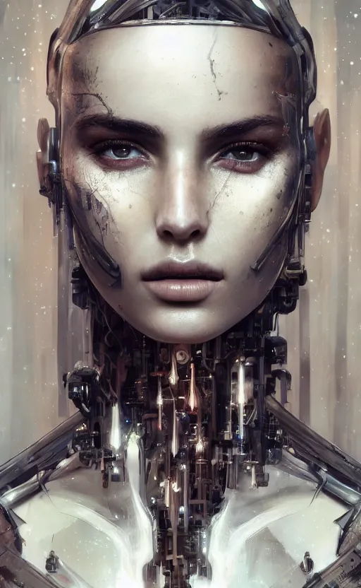 Image similar to a cyborg forest nymph, ana de armas, flawless symmetrical pretty cute face, greg rutkowski, 8 k, shallow depth of field, intricate detail, concept art,