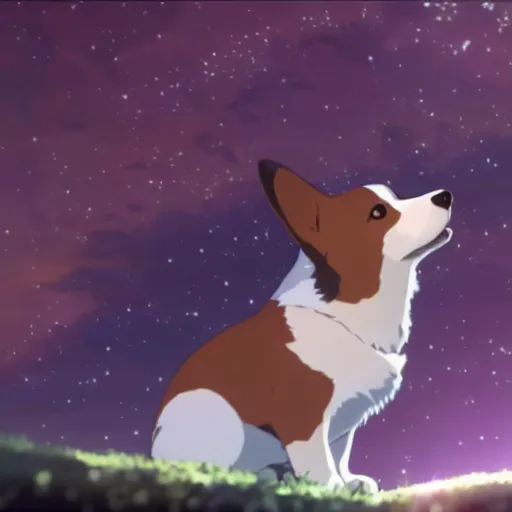 Prompt: corgi puppy watching shooting stars streak through the sky, highly detailed, extremely beautiful still from an anime by makoto shinkai