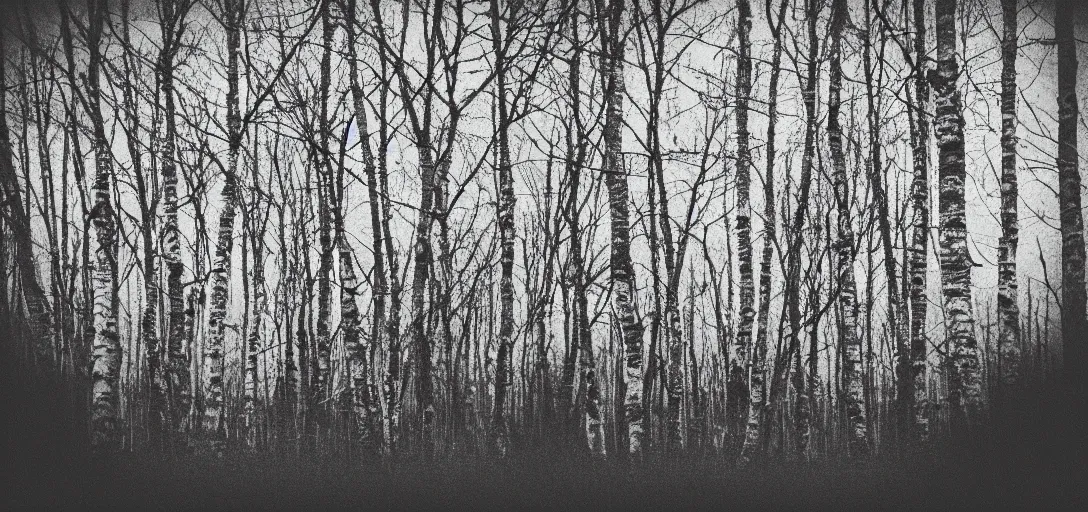 Prompt: black strange house in the birch trees wood, monochrome, analogue photo quality, blur, unfocus, cinematic, polaroid, 35mm