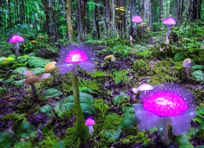 Image similar to glowing delicate flower and mushrooms that grow in fatansy forest on the planet Pandora,