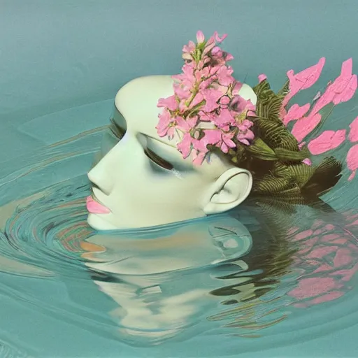 Image similar to Syd Mead, award winning masterpiece with incredible details, Syd Mead, a surreal vaporwave vaporwave vaporwave vaporwave vaporwave painting by Syd Mead of an old pink mannequin head with flowers growing out, sinking underwater, highly detailed Syd Mead