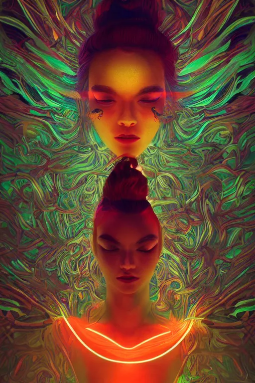 Image similar to photo of surreal goddes of war in neon lighting, elegant, highly detailed, smooth, sharp focus, trippy, dmt, psychedelic, illustration, beautiful, geometric, trending on artstation, cinematic, artwork by WLOP