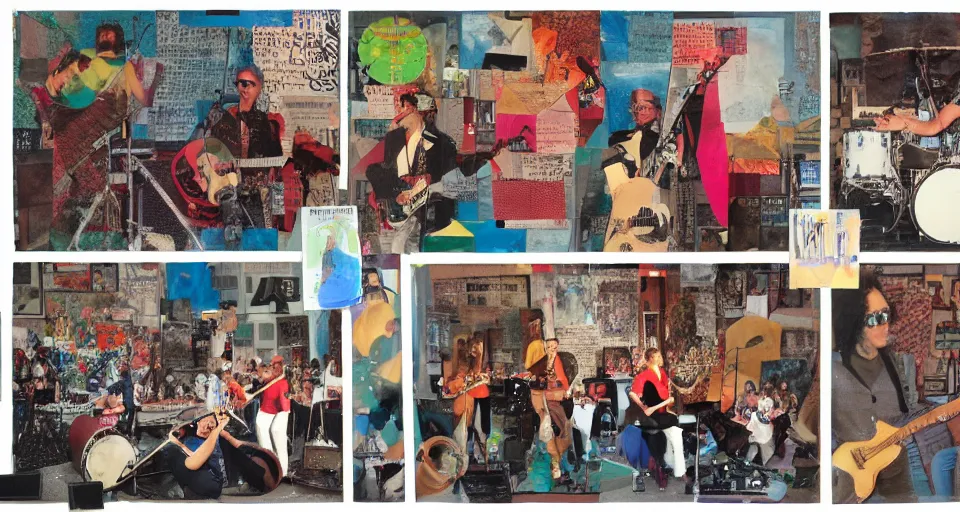 Prompt: mixed media collage, the retro Rockerz perform a concert outside the library